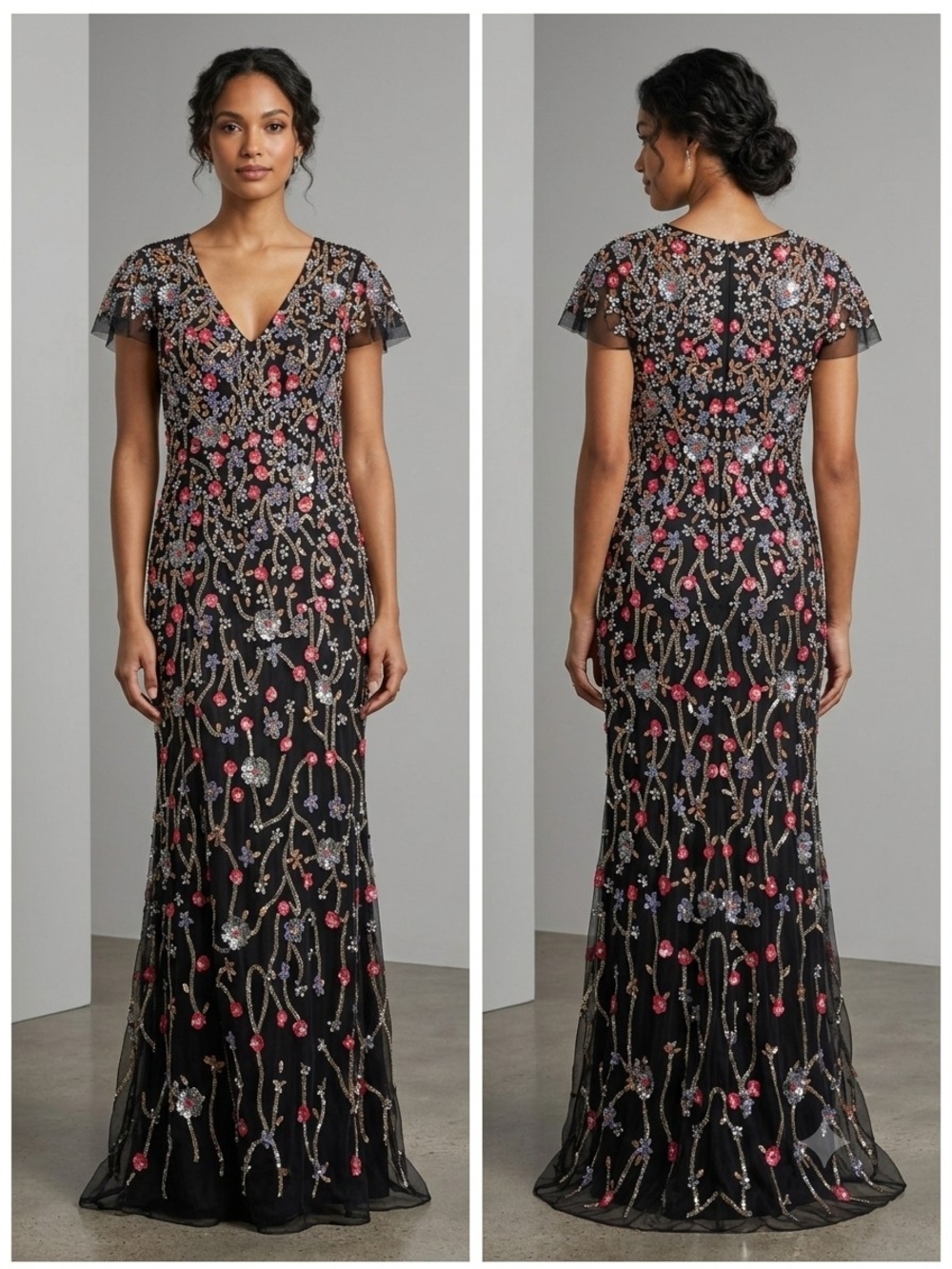 Mac Duggal Size 14 Floral Beaded Sequin Flutter Sleeve Evening Gown Dress Black